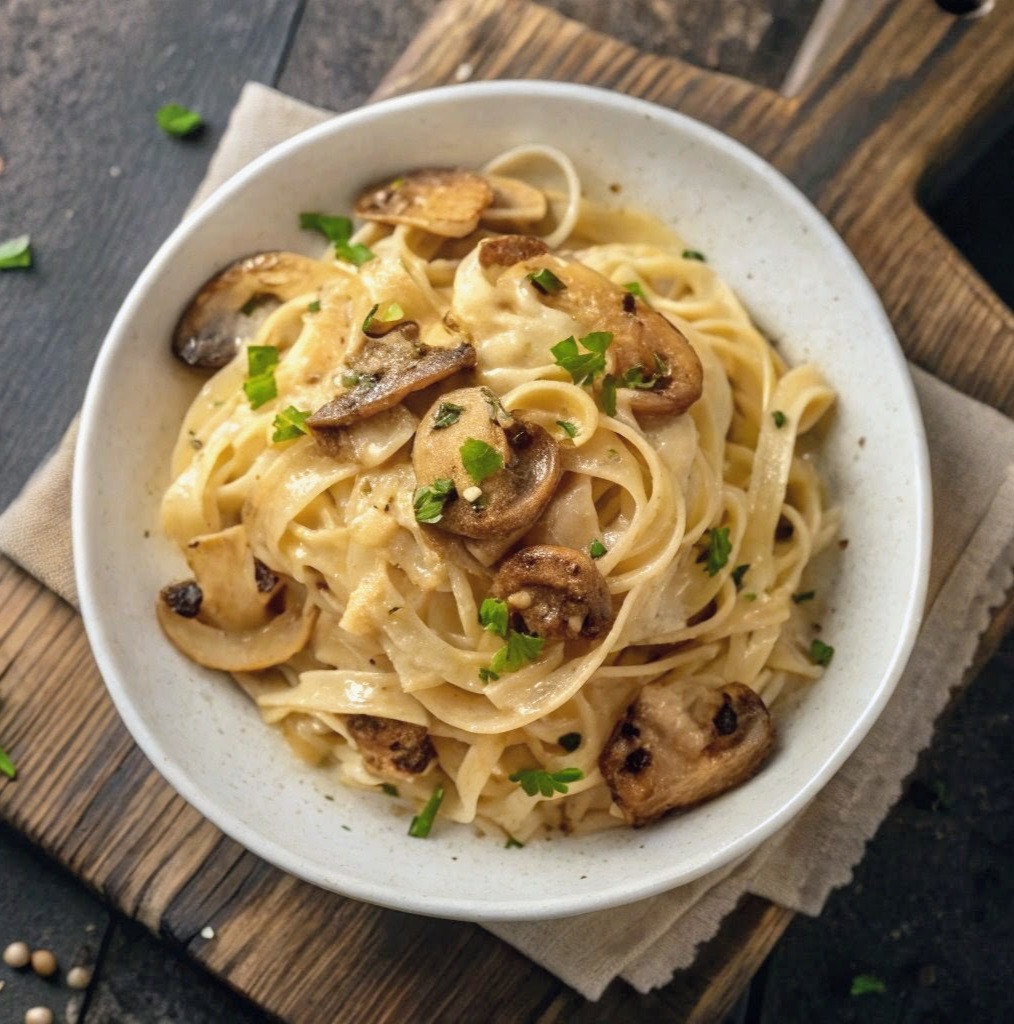 Tagliatelle de cogumelos keto low carb com massa de konjac, cogumelos marron salteados e cebolinho fresco
