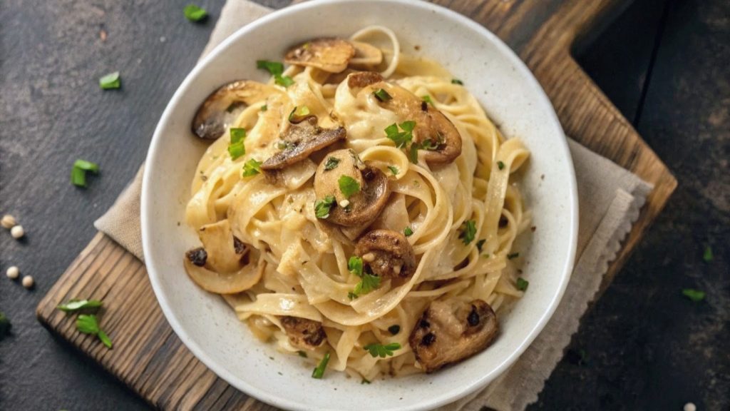 Tagliatelle de cogumelos keto com massa de konjac, cogumelos marron salteados e molho cremoso